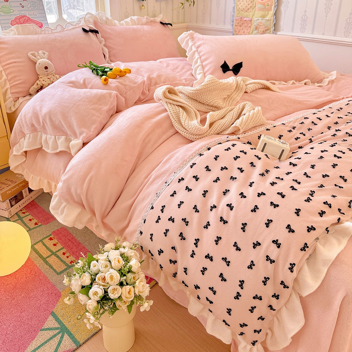 91家纺网 家纺一手货源 找家纺 梦之岛 2025新款韩版蝴蝶蕾丝花边牛奶绒四件套-梦语 梦语-玉