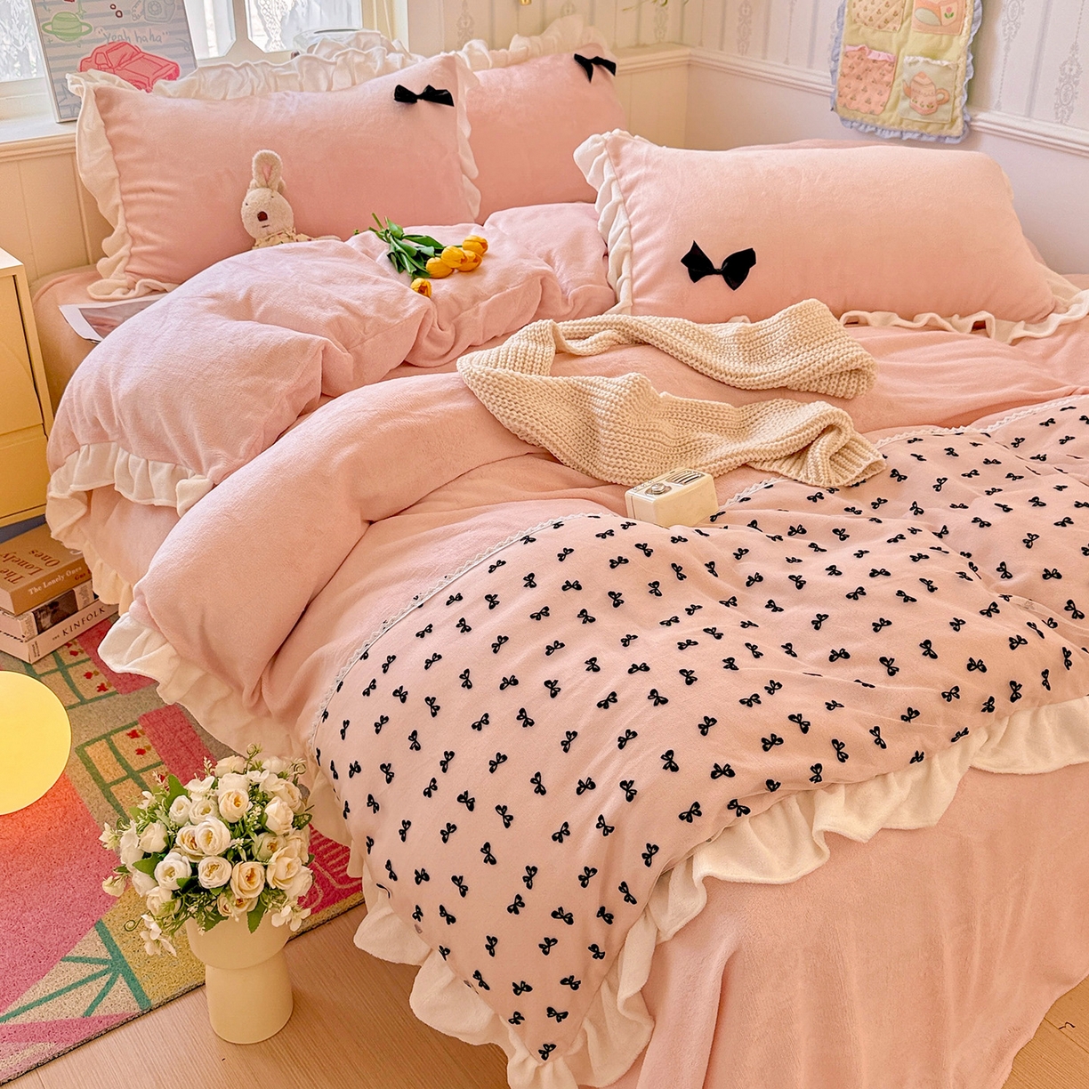 91家纺网 家纺一手货源 找家纺 梦之岛 2025新款韩版蝴蝶蕾丝花边牛奶绒四件套-梦语 梦语-玉