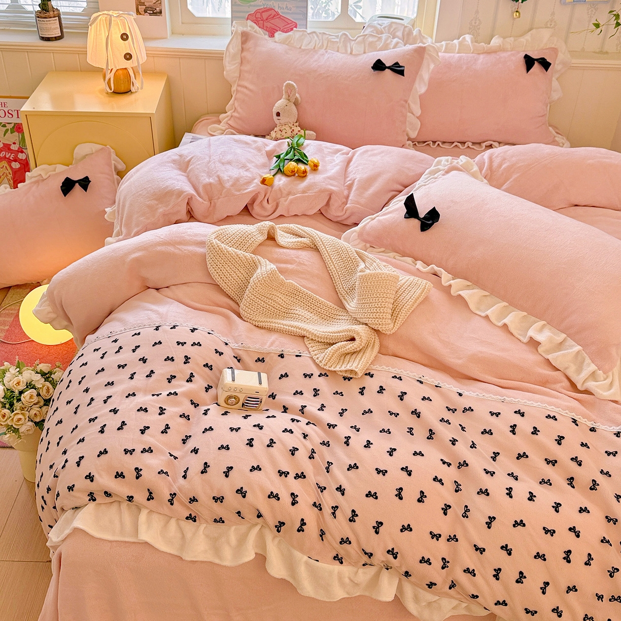 91家纺网 家纺一手货源 找家纺 梦之岛 2025新款韩版蝴蝶蕾丝花边牛奶绒四件套-梦语 梦语-玉