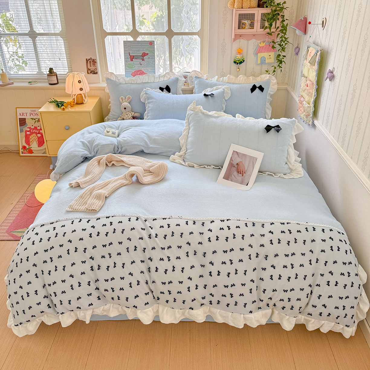 91家纺网 家纺一手货源 找家纺 梦之岛 2025新款韩版蝴蝶蕾丝花边牛奶绒四件套-梦语 梦语-蓝