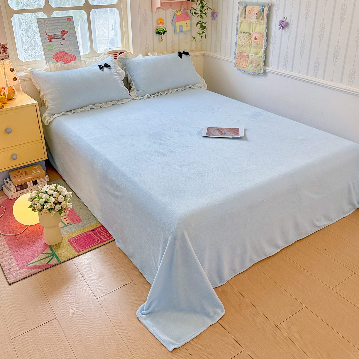 91家纺网 家纺一手货源 找家纺 梦之岛 2025新款韩版蝴蝶蕾丝花边牛奶绒四件套-梦语 梦语-蓝