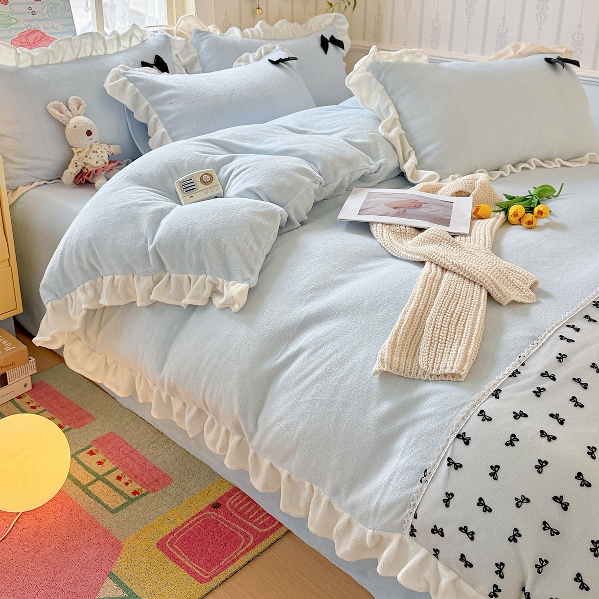 91家纺网 家纺一手货源 找家纺 梦之岛 2025新款韩版蝴蝶蕾丝花边牛奶绒四件套-梦语 梦语-蓝