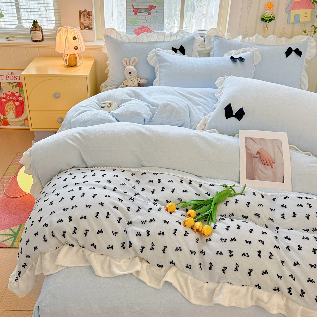 91家纺网 家纺一手货源 找家纺 梦之岛 2025新款韩版蝴蝶蕾丝花边牛奶绒四件套-梦语 梦语-蓝