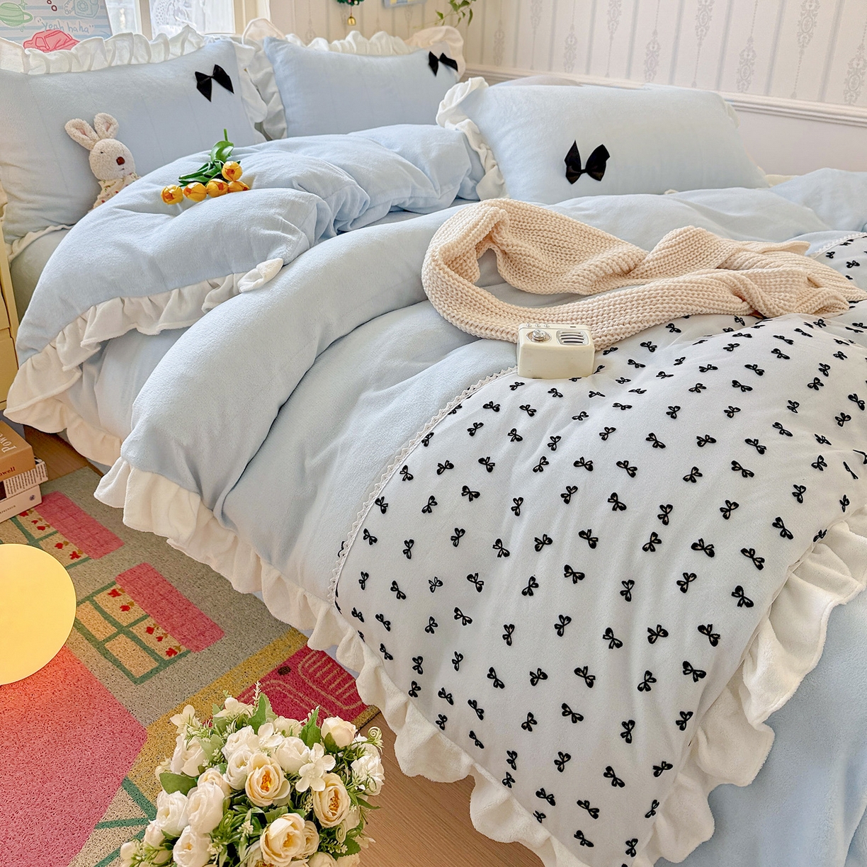 91家纺网 家纺一手货源 找家纺 梦之岛 2025新款韩版蝴蝶蕾丝花边牛奶绒四件套-梦语 梦语-蓝