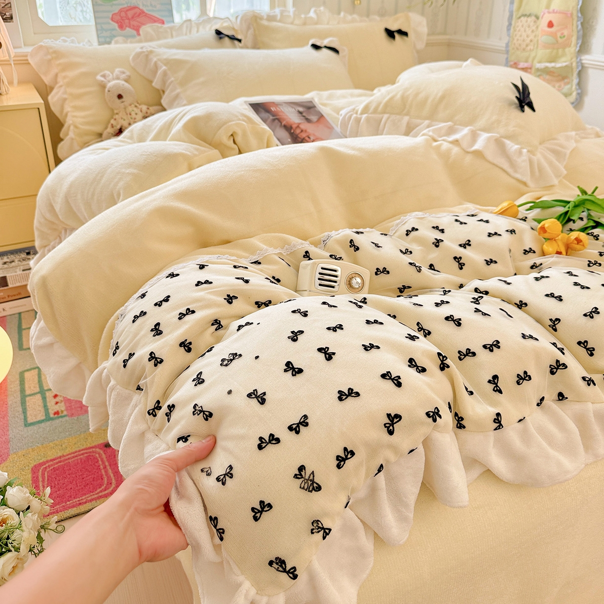 梦之岛 2025新款韩版蝴蝶蕾丝花边牛奶绒四件套-梦语 梦语-奶白