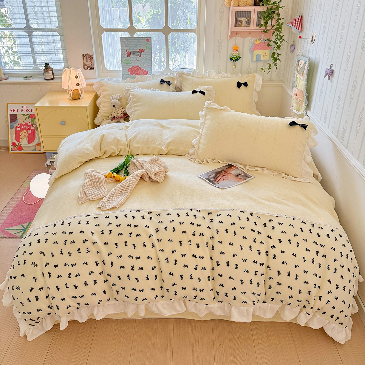 91家纺网 家纺一手货源 找家纺 梦之岛 2025新款韩版蝴蝶蕾丝花边牛奶绒四件套-梦语 梦语-奶白