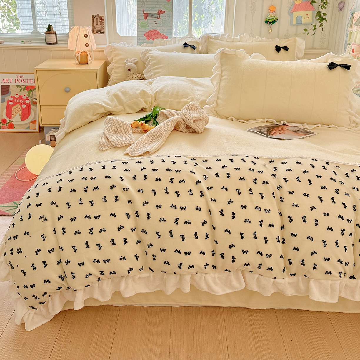 91家纺网 家纺一手货源 找家纺 梦之岛 2025新款韩版蝴蝶蕾丝花边牛奶绒四件套-梦语 梦语-奶白