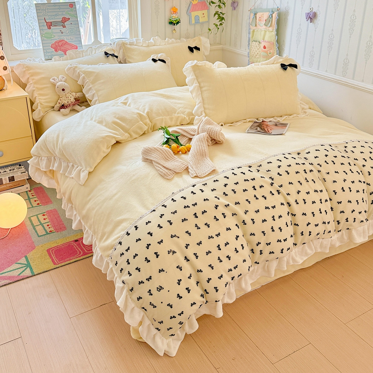 91家纺网 家纺一手货源 找家纺 梦之岛 2025新款韩版蝴蝶蕾丝花边牛奶绒四件套-梦语 梦语-奶白