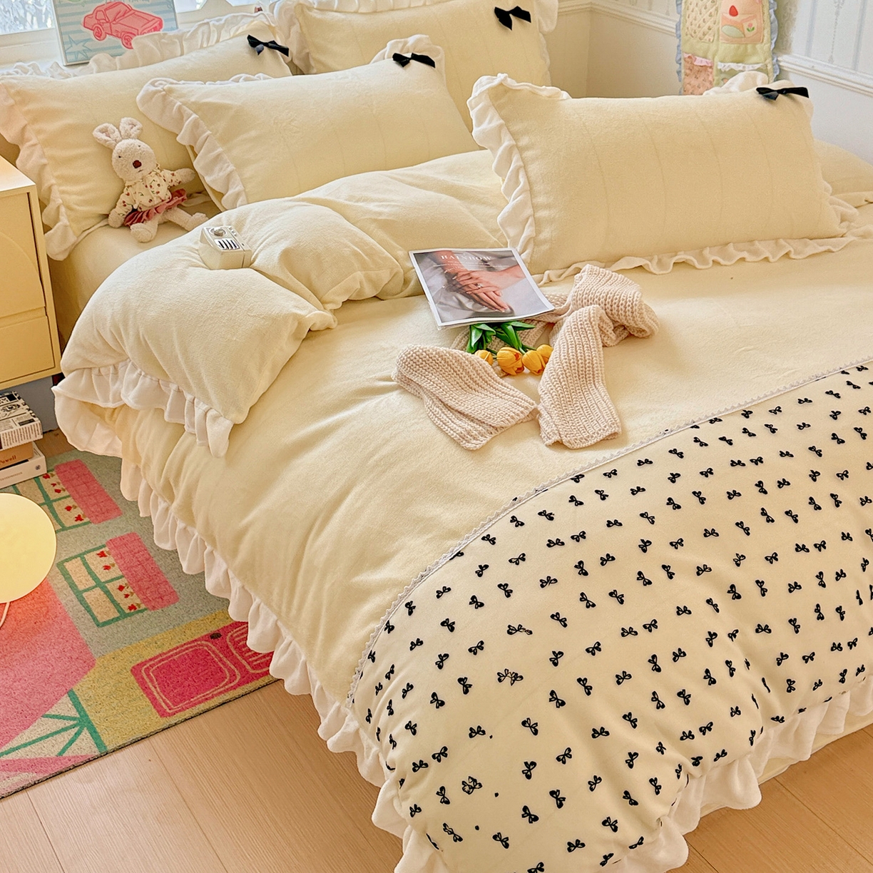 91家纺网 家纺一手货源 找家纺 梦之岛 2025新款韩版蝴蝶蕾丝花边牛奶绒四件套-梦语 梦语-奶白