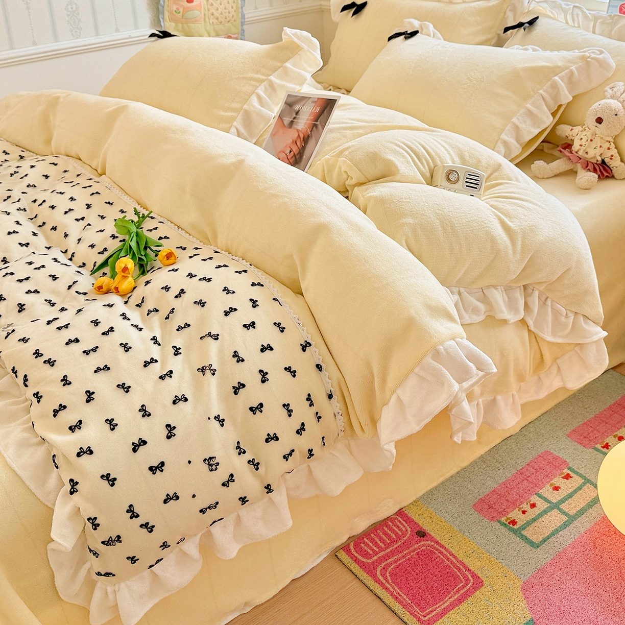 91家纺网 家纺一手货源 找家纺 梦之岛 2025新款韩版蝴蝶蕾丝花边牛奶绒四件套-梦语 梦语-奶白