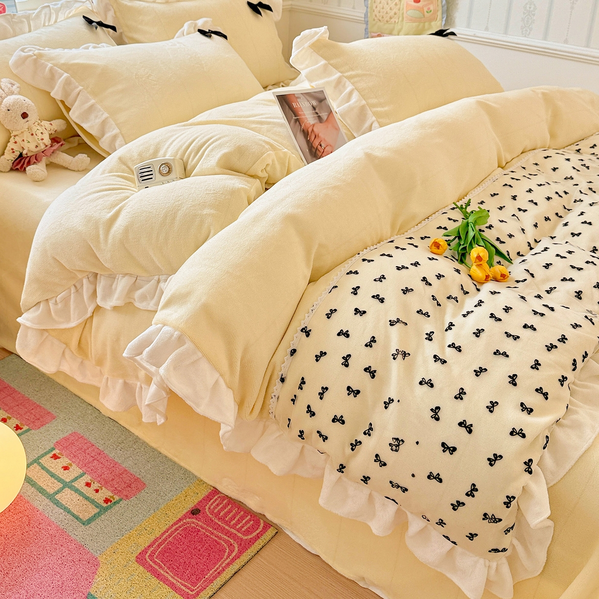 91家纺网 家纺一手货源 找家纺 梦之岛 2025新款韩版蝴蝶蕾丝花边牛奶绒四件套-梦语 梦语-奶白