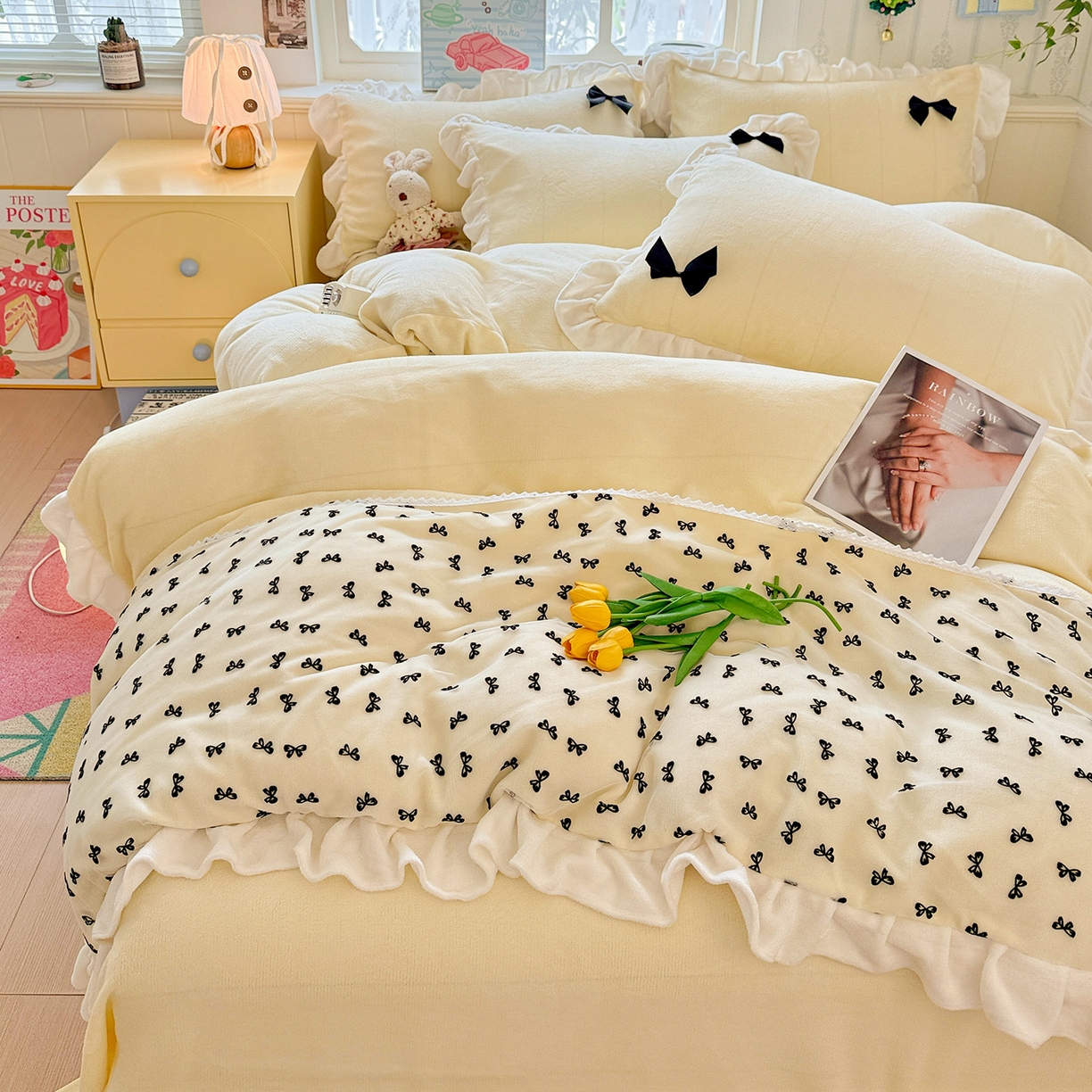 91家纺网 家纺一手货源 找家纺 梦之岛 2025新款韩版蝴蝶蕾丝花边牛奶绒四件套-梦语 梦语-奶白