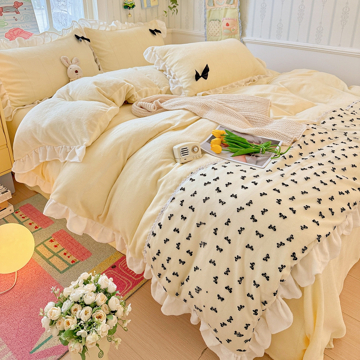 91家纺网 家纺一手货源 找家纺 梦之岛 2025新款韩版蝴蝶蕾丝花边牛奶绒四件套-梦语 梦语-奶白