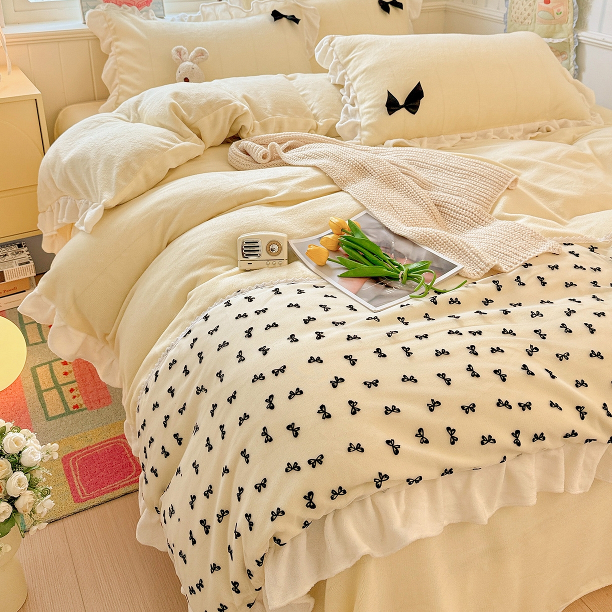 91家纺网 家纺一手货源 找家纺 梦之岛 2025新款韩版蝴蝶蕾丝花边牛奶绒四件套-梦语 梦语-奶白