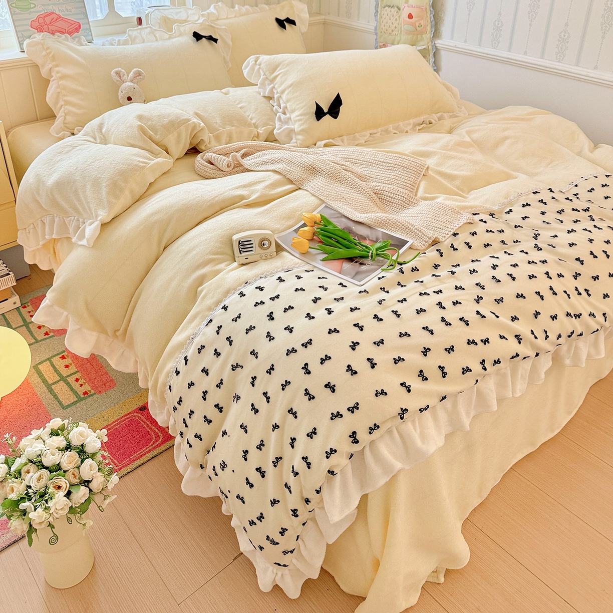 91家纺网 家纺一手货源 找家纺 梦之岛 2025新款韩版蝴蝶蕾丝花边牛奶绒四件套-梦语 梦语-奶白