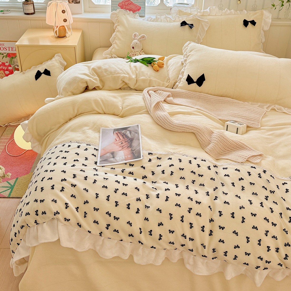 91家纺网 家纺一手货源 找家纺 梦之岛 2025新款韩版蝴蝶蕾丝花边牛奶绒四件套-梦语 梦语-奶白