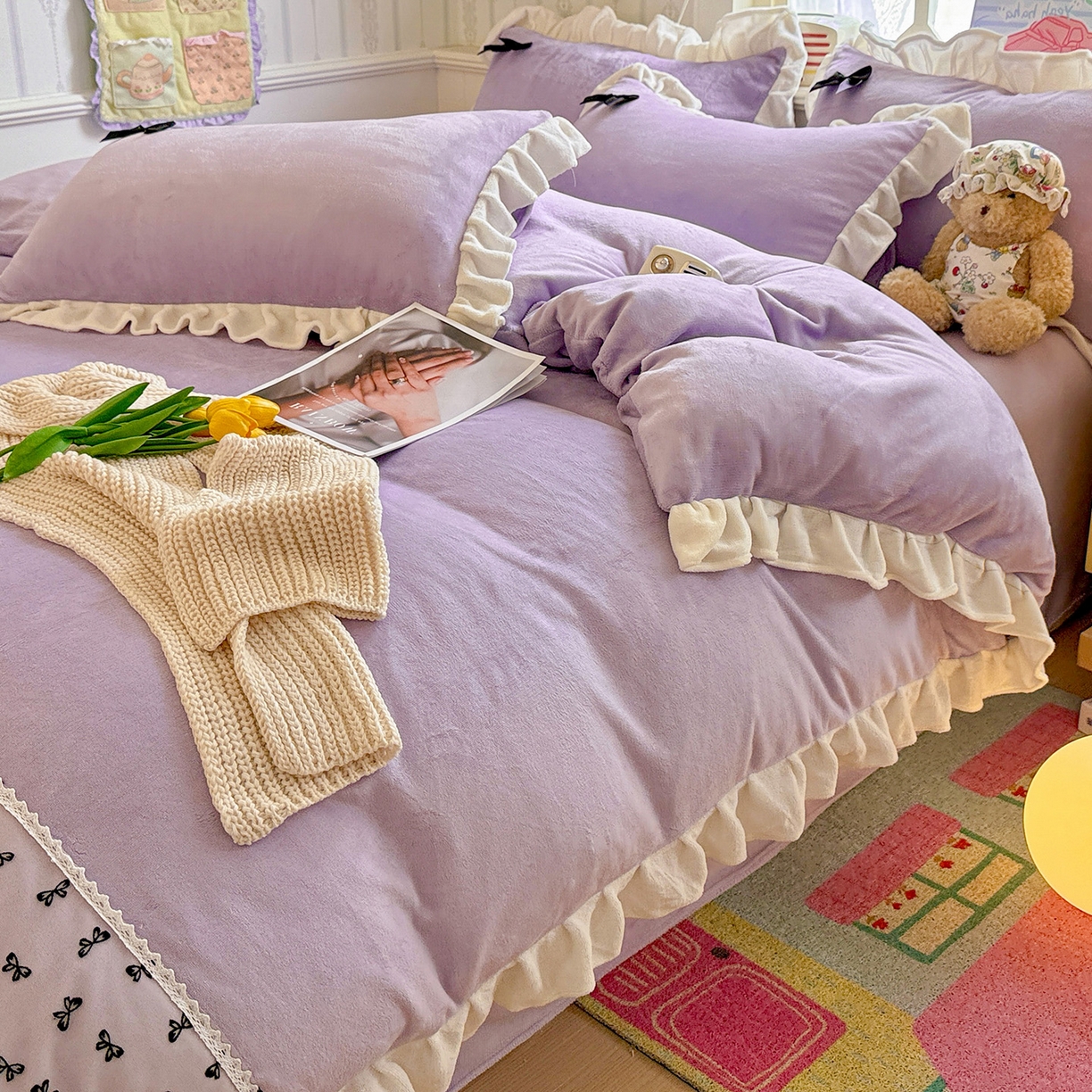 91家纺网 家纺一手货源 找家纺 梦之岛 2025新款韩版蝴蝶蕾丝花边牛奶绒四件套-梦语 梦语-紫