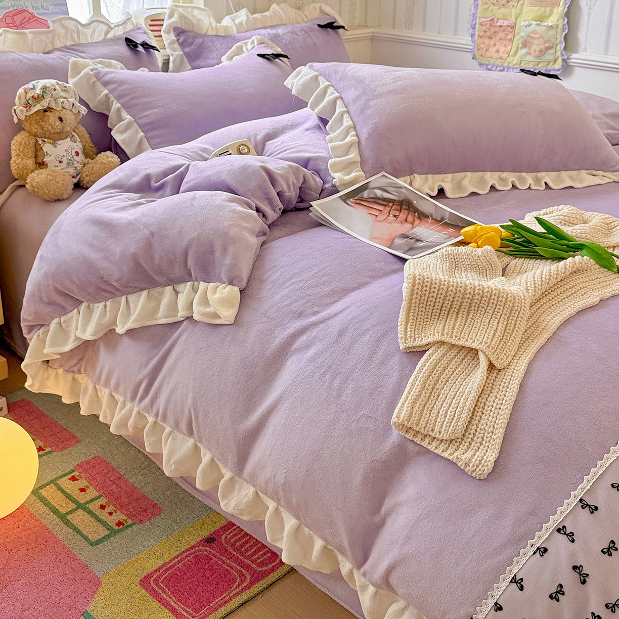 91家纺网 家纺一手货源 找家纺 梦之岛 2025新款韩版蝴蝶蕾丝花边牛奶绒四件套-梦语 梦语-紫