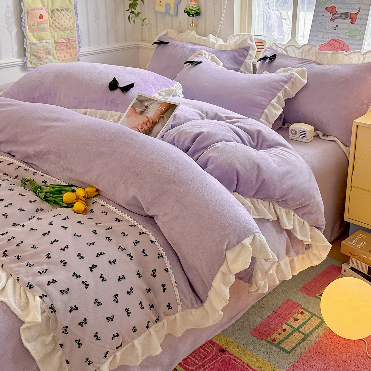 91家纺网 家纺一手货源 找家纺 梦之岛 2025新款韩版蝴蝶蕾丝花边牛奶绒四件套-梦语 梦语-紫