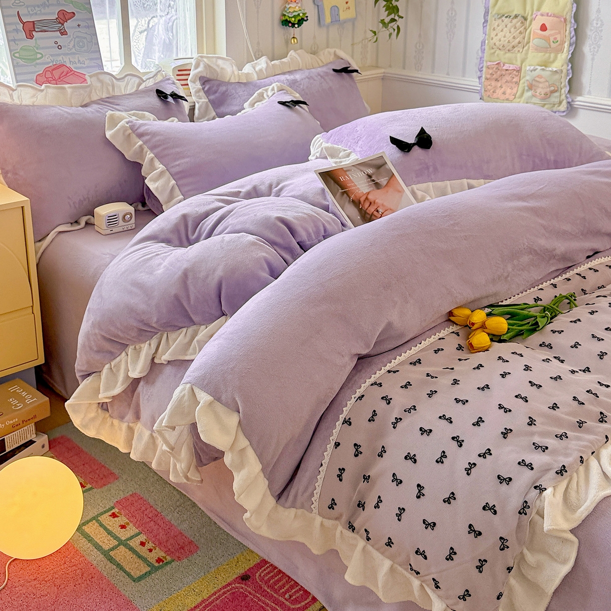 91家纺网 家纺一手货源 找家纺 梦之岛 2025新款韩版蝴蝶蕾丝花边牛奶绒四件套-梦语 梦语-紫