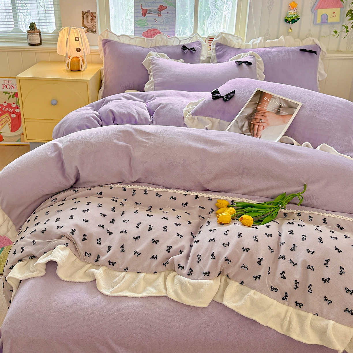 91家纺网 家纺一手货源 找家纺 梦之岛 2025新款韩版蝴蝶蕾丝花边牛奶绒四件套-梦语 梦语-紫