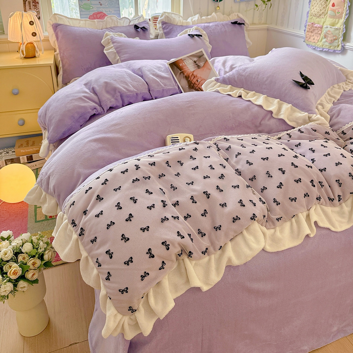 91家纺网 家纺一手货源 找家纺 梦之岛 2025新款韩版蝴蝶蕾丝花边牛奶绒四件套-梦语 梦语-紫