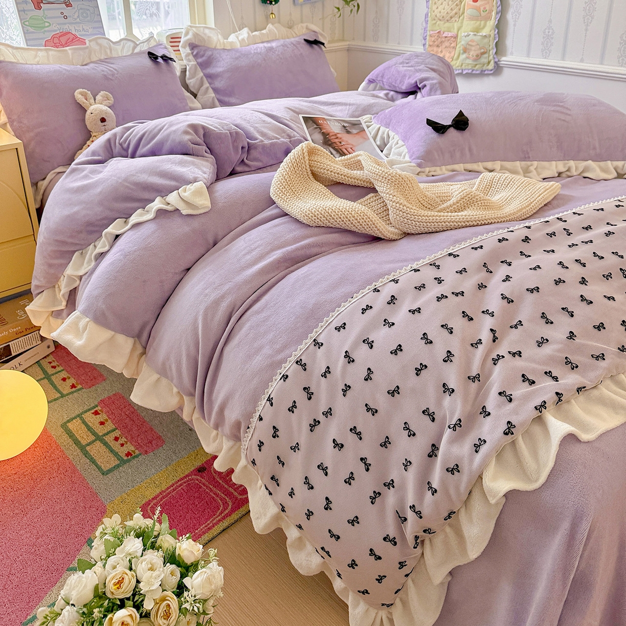 91家纺网 家纺一手货源 找家纺 梦之岛 2025新款韩版蝴蝶蕾丝花边牛奶绒四件套-梦语 梦语-紫