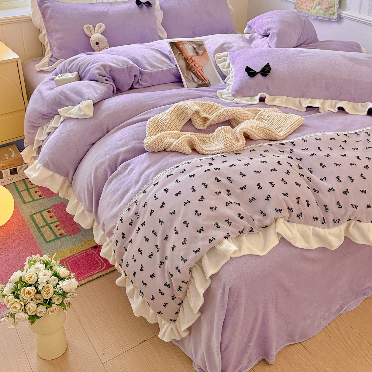 91家纺网 家纺一手货源 找家纺 梦之岛 2025新款韩版蝴蝶蕾丝花边牛奶绒四件套-梦语 梦语-紫