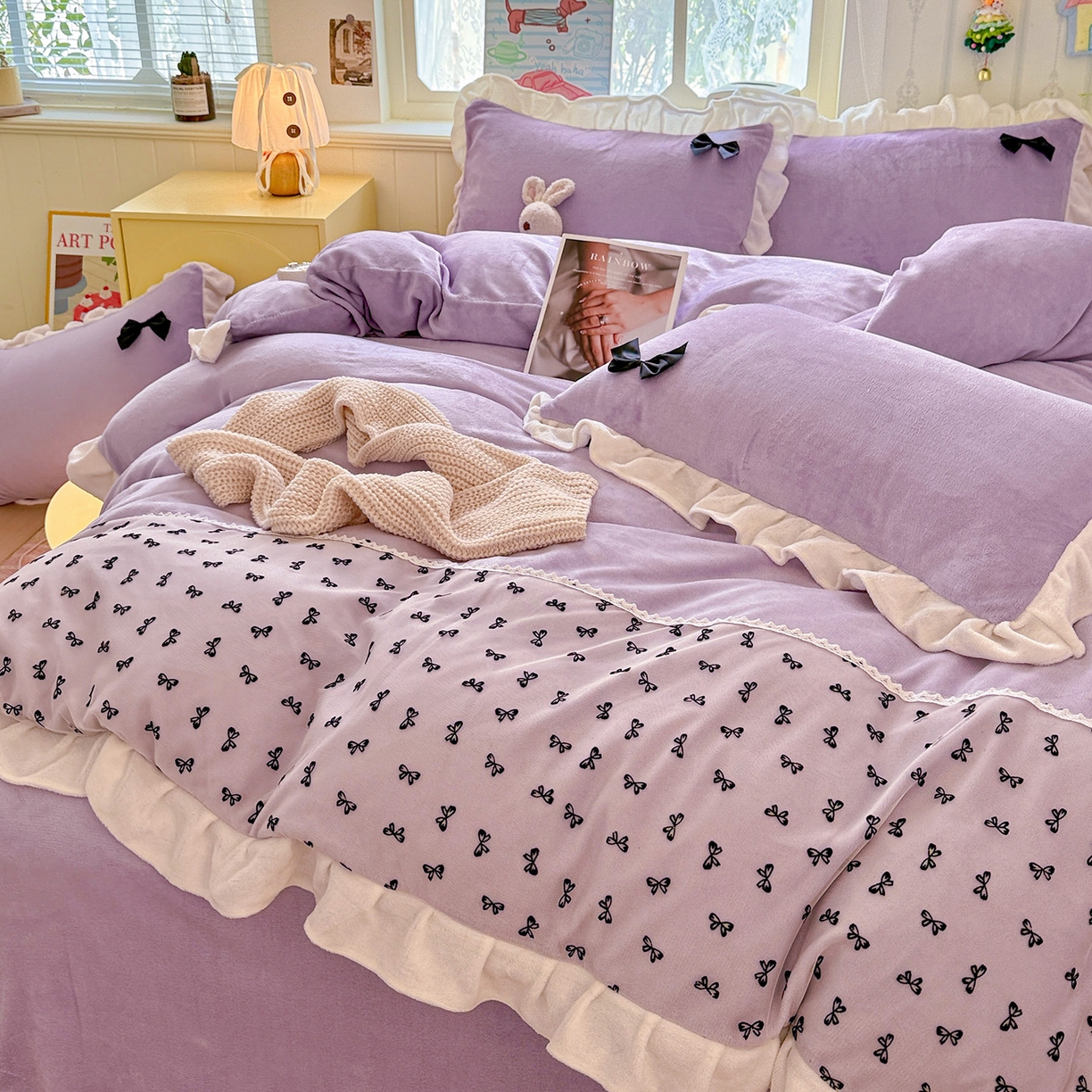 91家纺网 家纺一手货源 找家纺 梦之岛 2025新款韩版蝴蝶蕾丝花边牛奶绒四件套-梦语 梦语-紫