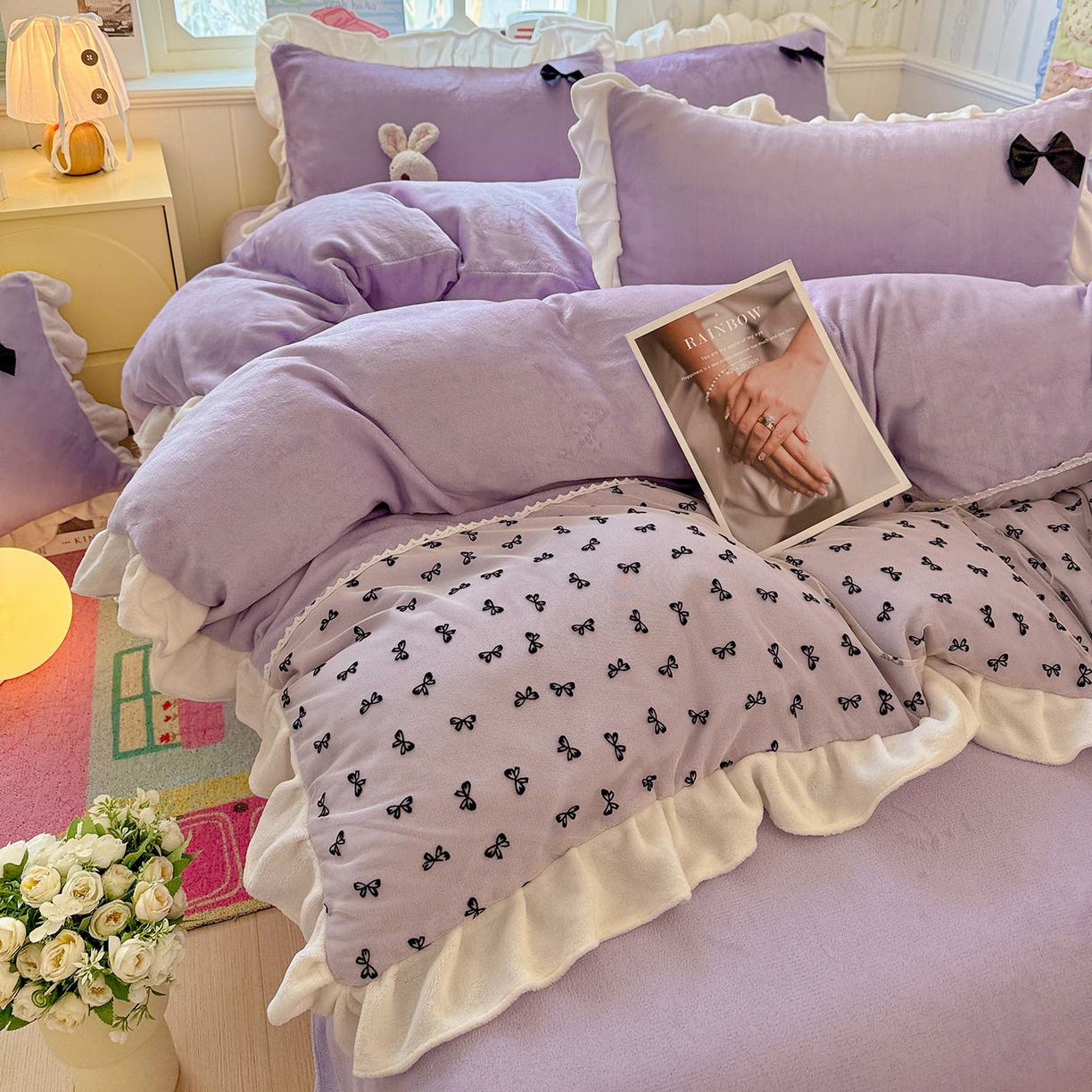 91家纺网 家纺一手货源 找家纺 梦之岛 2025新款韩版蝴蝶蕾丝花边牛奶绒四件套-梦语 梦语-紫