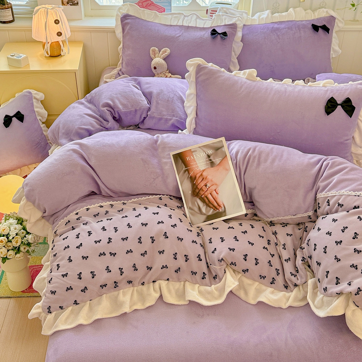 91家纺网 家纺一手货源 找家纺 梦之岛 2025新款韩版蝴蝶蕾丝花边牛奶绒四件套-梦语 梦语-紫