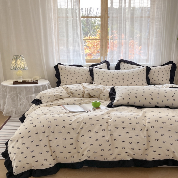 91家纺网 家纺一手货源 找家纺 库里梦家纺 2025网红直播爆款亚麻木棉皱皱纱夹棉床盖 蝴蝶结-奶白