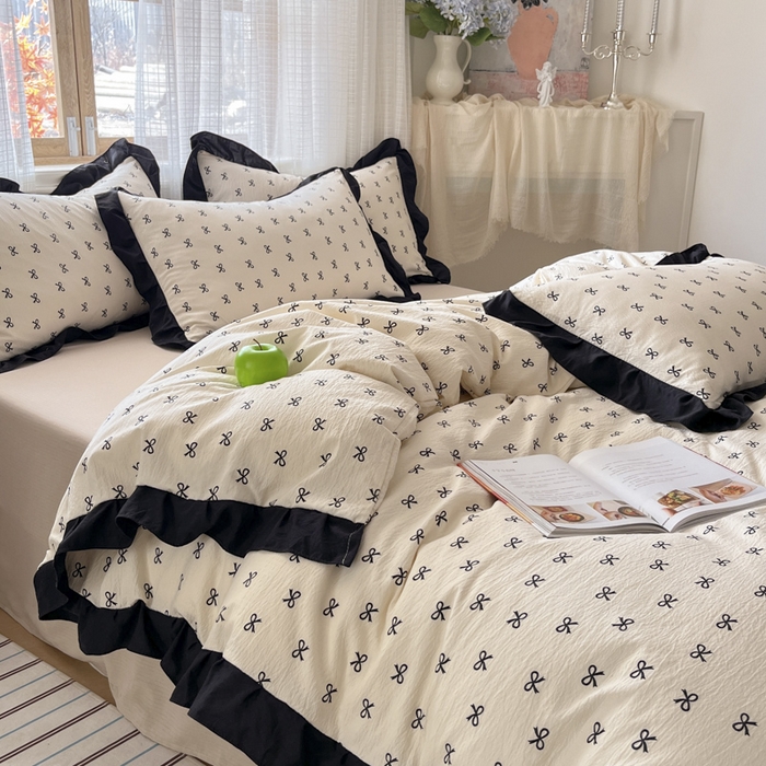 91家纺网 家纺一手货源 找家纺 库里梦家纺 2025网红直播爆款亚麻木棉皱皱纱夹棉床盖 蝴蝶结-奶白