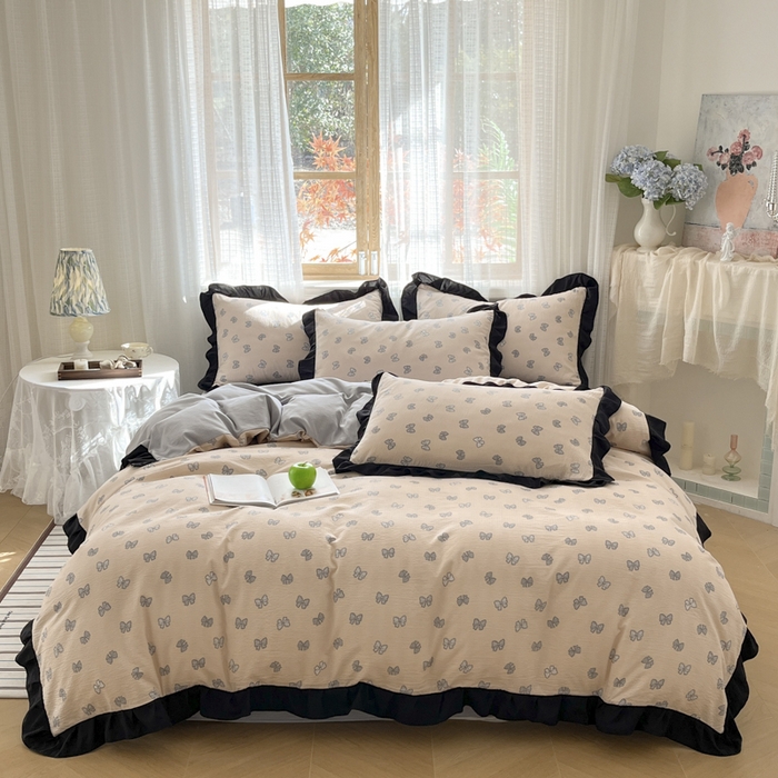 库里梦家纺 2025网红直播爆款亚麻木棉皱皱纱夹棉床盖 结美