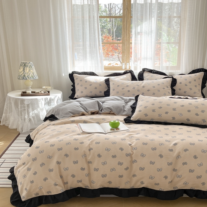 91家纺网 家纺一手货源 找家纺 库里梦家纺 2025网红直播爆款亚麻木棉皱皱纱夹棉床盖 结美