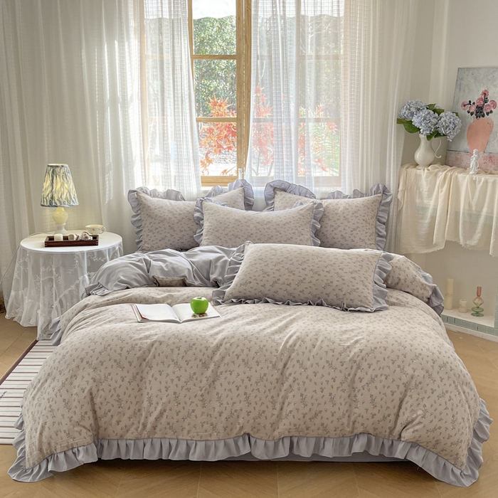 库里梦家纺 2025网红直播爆款亚麻木棉皱皱纱夹棉床盖 小叶蔓