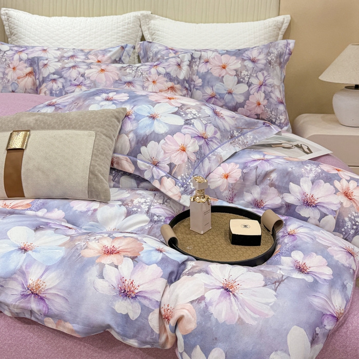 91家纺网 家纺一手货源 找家纺 凌鼎 2025新款100%全棉磨毛四件套数码印花加厚纯棉磨毛四件套 舒曼时光紫