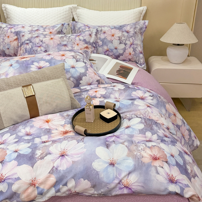 91家纺网 家纺一手货源 找家纺 凌鼎 2025新款100%全棉磨毛四件套数码印花加厚纯棉磨毛四件套 舒曼时光紫