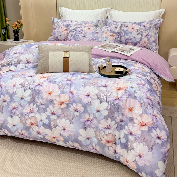 91家纺网 家纺一手货源 找家纺 凌鼎 2025新款100%全棉磨毛四件套数码印花加厚纯棉磨毛四件套 舒曼时光紫