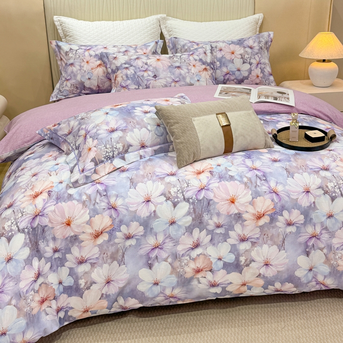 91家纺网 家纺一手货源 找家纺 凌鼎 2025新款100%全棉磨毛四件套数码印花加厚纯棉磨毛四件套 舒曼时光紫