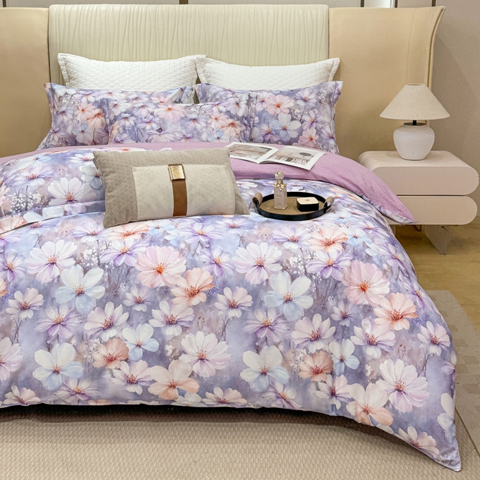 91家纺网 家纺一手货源 找家纺 凌鼎 2025新款100%全棉磨毛四件套数码印花加厚纯棉磨毛四件套 舒曼时光紫