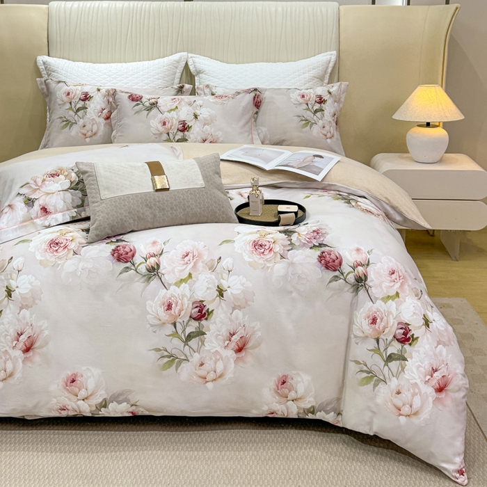 91家纺网 家纺一手货源 找家纺 凌鼎 2025新款100%全棉磨毛四件套数码印花加厚纯棉磨毛四件套 轻盈花语