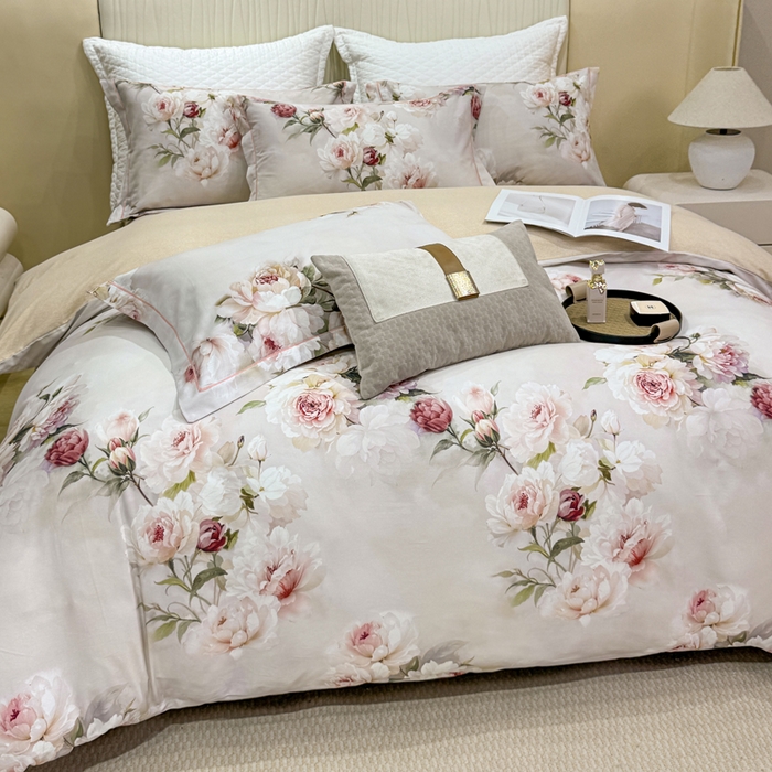 91家纺网 家纺一手货源 找家纺 凌鼎 2025新款100%全棉磨毛四件套数码印花加厚纯棉磨毛四件套 轻盈花语