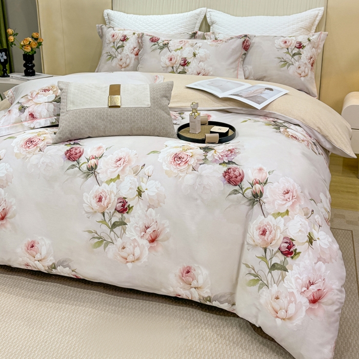 91家纺网 家纺一手货源 找家纺 凌鼎 2025新款100%全棉磨毛四件套数码印花加厚纯棉磨毛四件套 轻盈花语