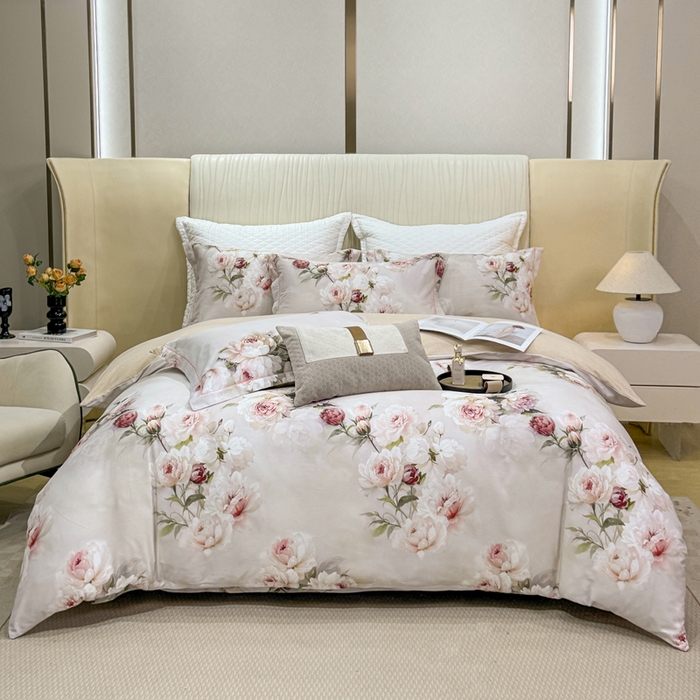 91家纺网 家纺一手货源 找家纺 凌鼎 2025新款100%全棉磨毛四件套数码印花加厚纯棉磨毛四件套 轻盈花语