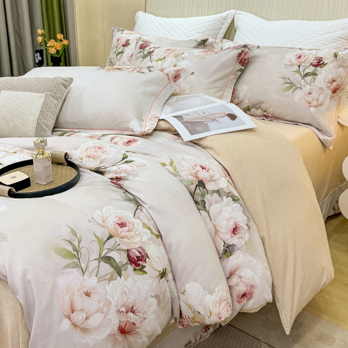 91家纺网 家纺一手货源 找家纺 凌鼎 2025新款100%全棉磨毛四件套数码印花加厚纯棉磨毛四件套 轻盈花语