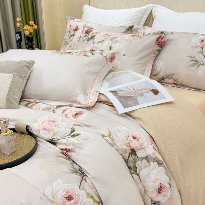 91家纺网 家纺一手货源 找家纺 凌鼎 2025新款100%全棉磨毛四件套数码印花加厚纯棉磨毛四件套 轻盈花语