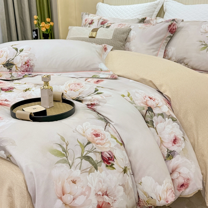 91家纺网 家纺一手货源 找家纺 凌鼎 2025新款100%全棉磨毛四件套数码印花加厚纯棉磨毛四件套 轻盈花语