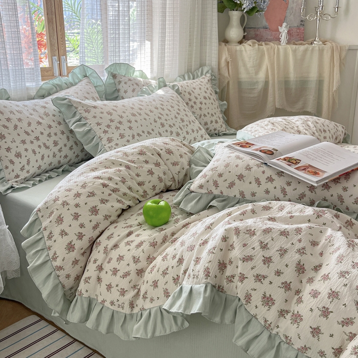 91家纺网 家纺一手货源 找家纺 库里梦家纺 2025网红直播爆款亚麻木棉皱皱纱夹棉床盖 语彩