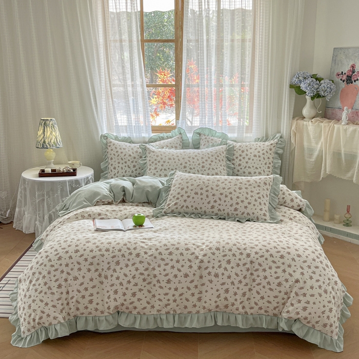 库里梦家纺 2025网红直播爆款亚麻木棉皱皱纱夹棉床盖 语彩